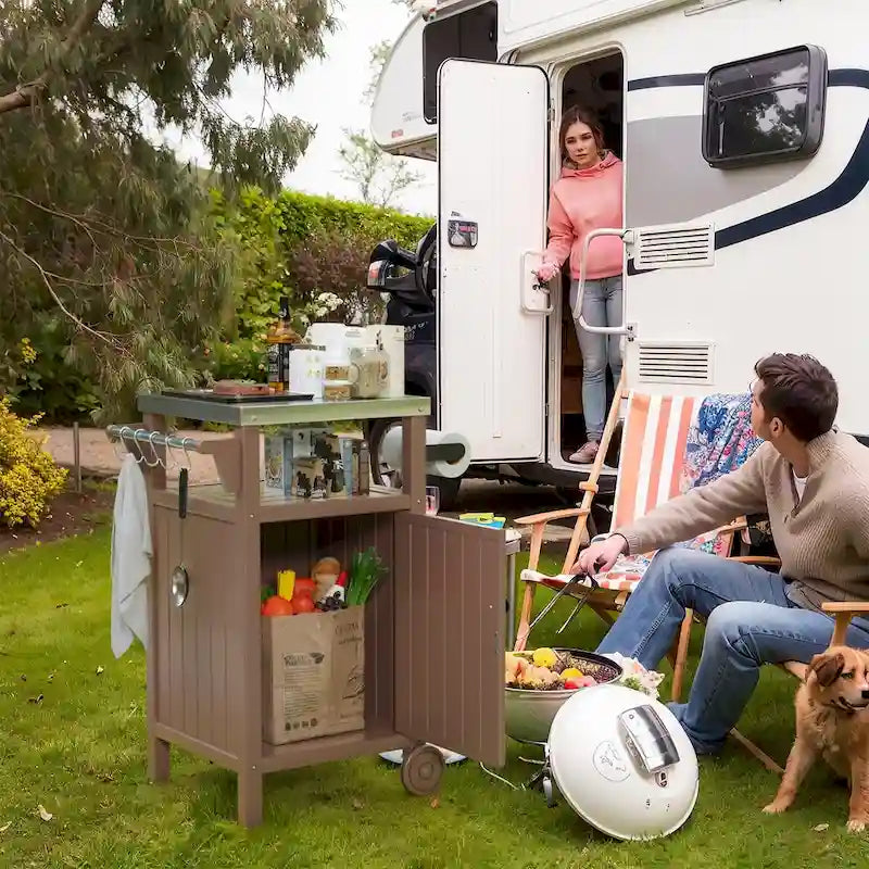 Table d'appoint roulante pour barbecue/grill, Chariot de service et table de préparation extérieure avec plateau en acier inoxydable 304 - PEHD
