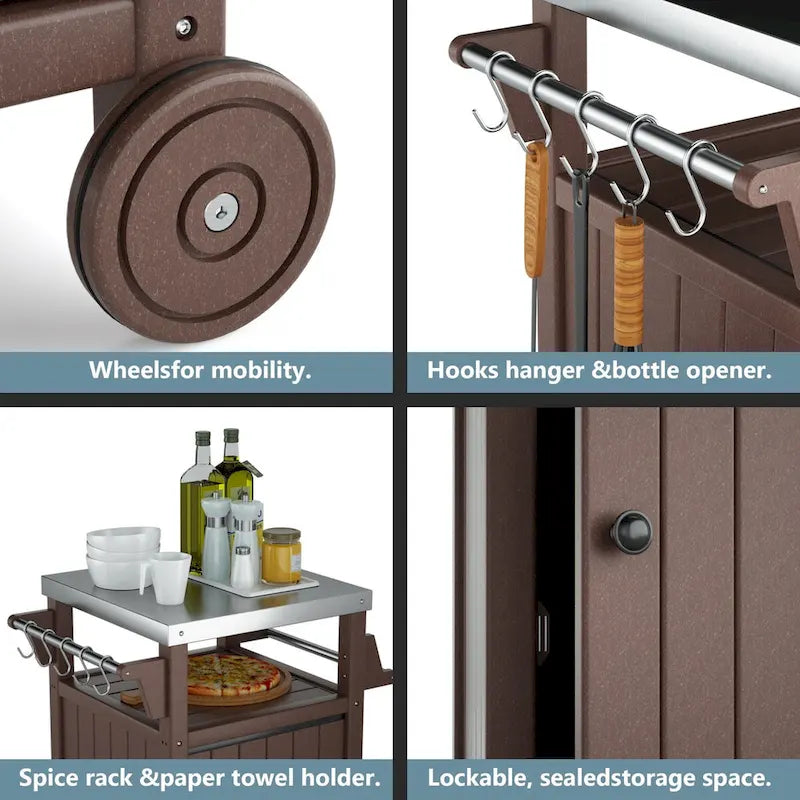 Table d'appoint roulante pour barbecue/grill, Chariot de service et table de préparation extérieure avec plateau en acier inoxydable 304 - PEHD