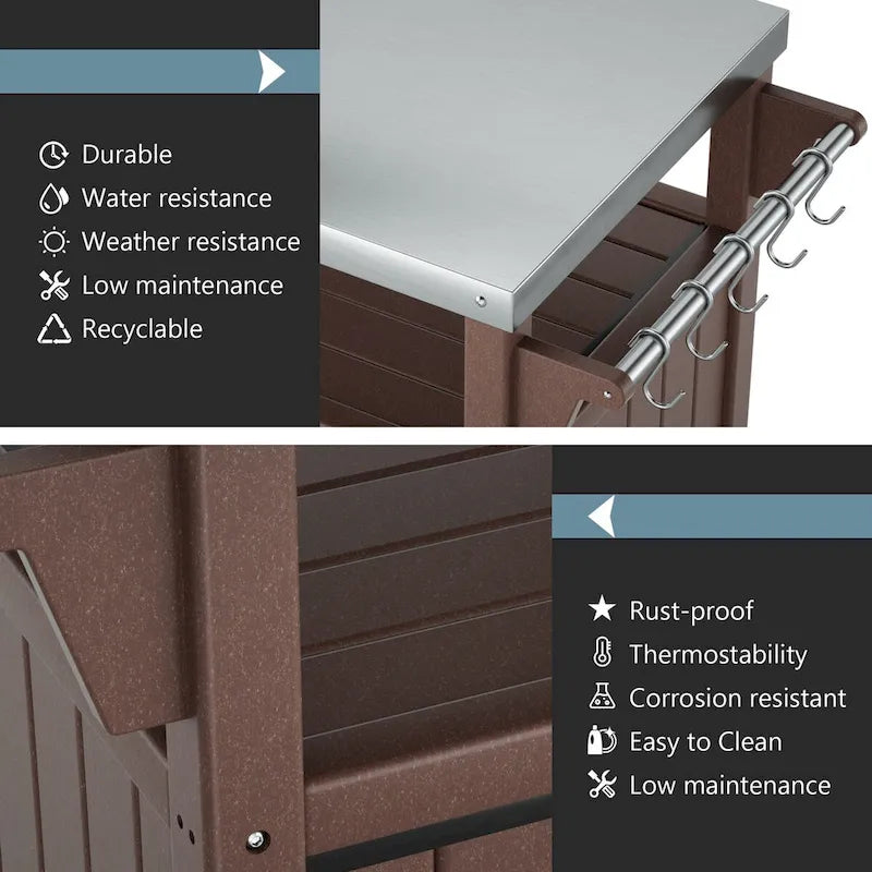 Table d'appoint roulante pour barbecue/grill, Chariot de service et table de préparation extérieure avec plateau en acier inoxydable 304 - PEHD