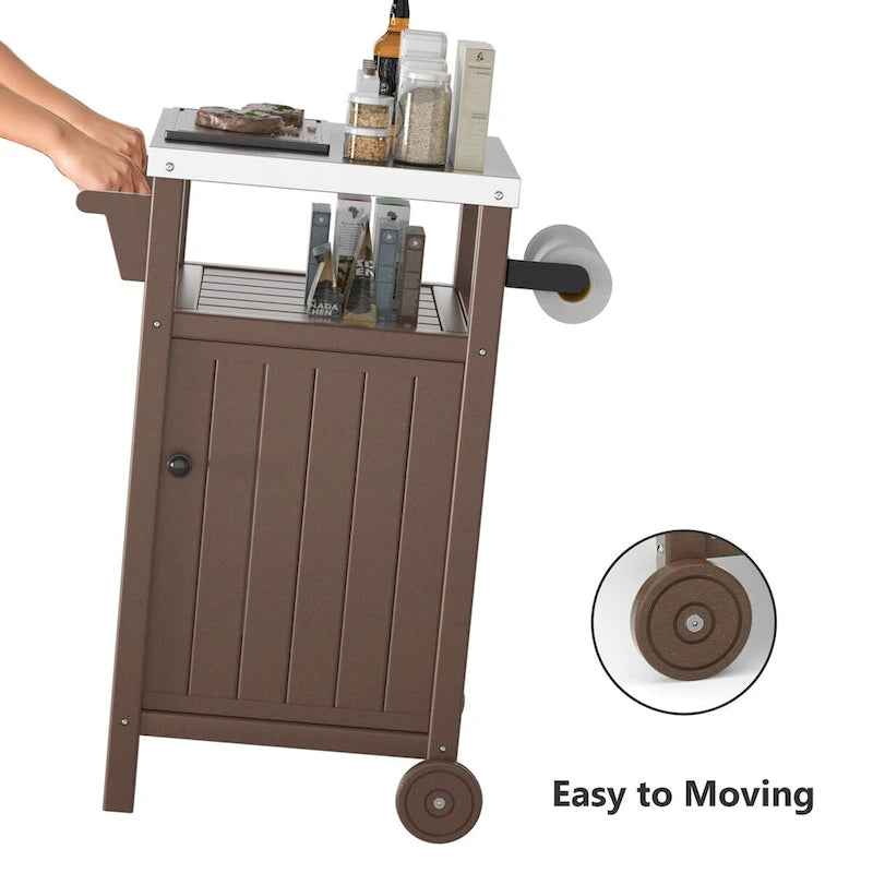 Table d'appoint roulante pour barbecue/grill, Chariot de service et table de préparation extérieure avec plateau en acier inoxydable 304 - PEHD