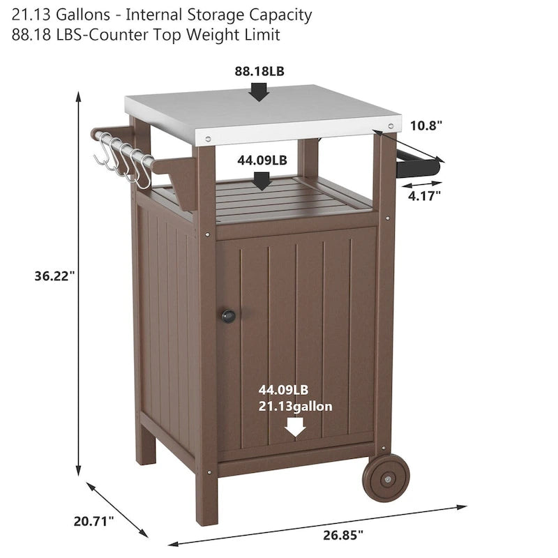 Table d'appoint roulante pour barbecue/grill, Chariot de service et table de préparation extérieure avec plateau en acier inoxydable 304 - PEHD