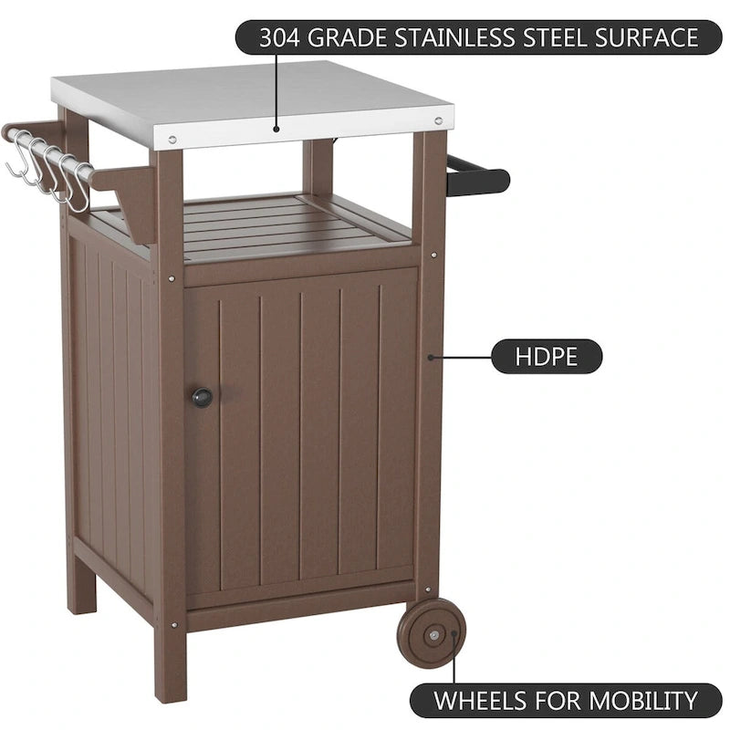 Table d'appoint roulante pour barbecue/grill, Chariot de service et table de préparation extérieure avec plateau en acier inoxydable 304 - PEHD