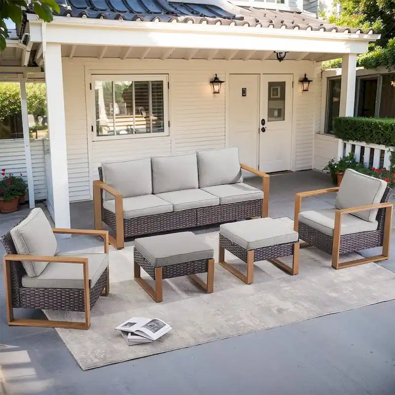 Ensemble de mobilier de patio en rotin 5 pièces - Marron