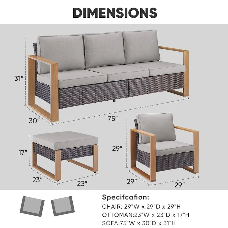 Ensemble de mobilier de patio en rotin 5 pièces - Marron