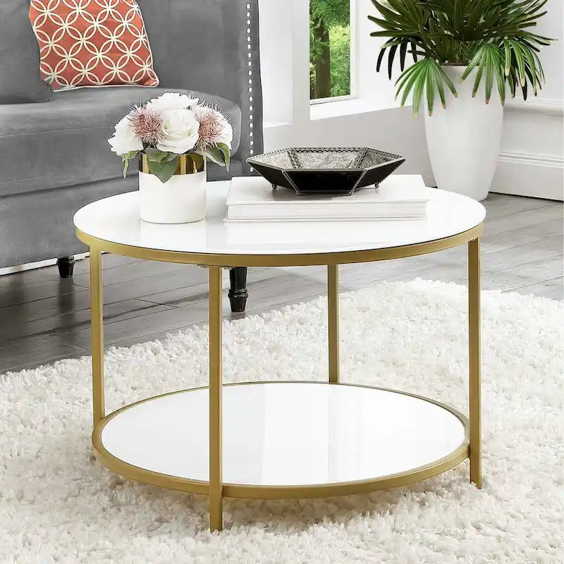 Modern 2-Tier Glass Accent Coffee Table with Storage Shelf