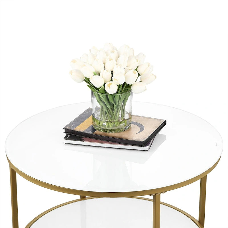 Table basse d'appoint moderne à 2 niveaux en verre avec étagère de rangement