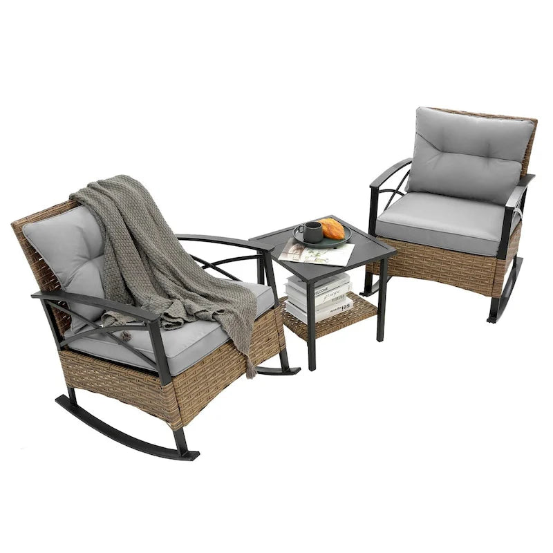 Ensemble de 3 chaises à bascule en rotin pour patio, extérieur, gris