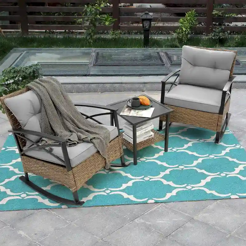 3 Pcs Patio Rocking Rattan Set Chair Outdoor Chair Set Grey