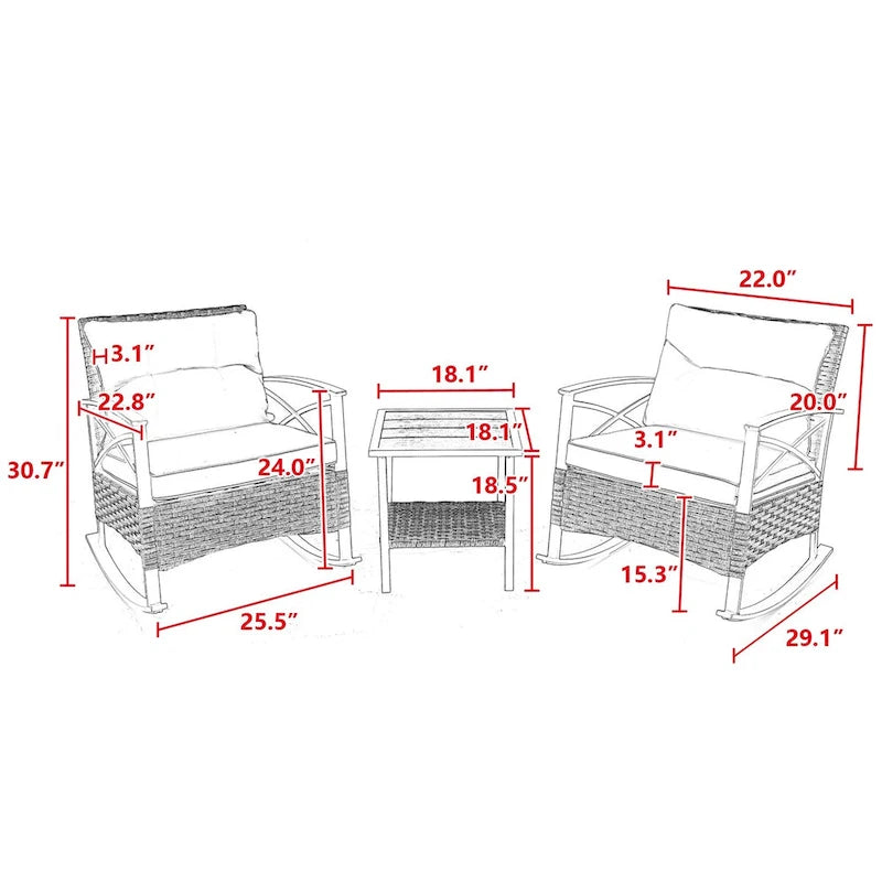 Ensemble de 3 chaises à bascule en rotin pour patio, extérieur, gris