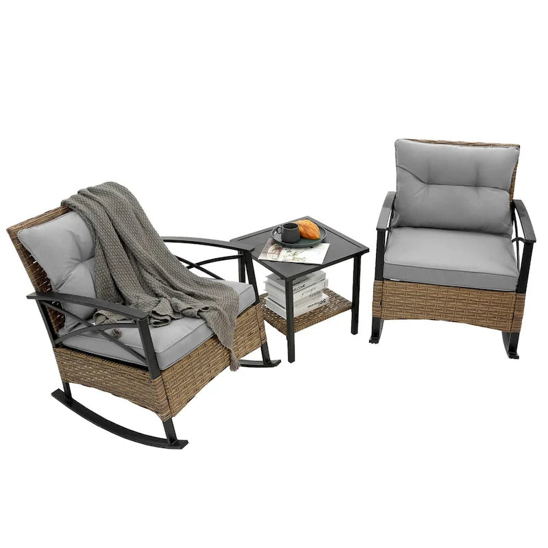 Ensemble de 3 chaises à bascule en rotin pour patio, extérieur, gris