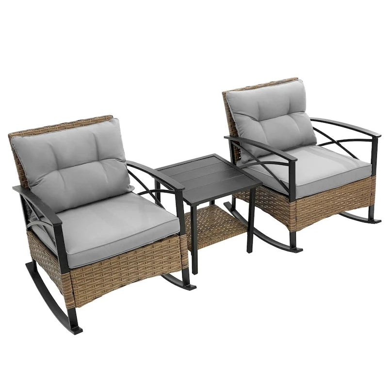 Ensemble de 3 chaises à bascule en rotin pour patio, extérieur, gris