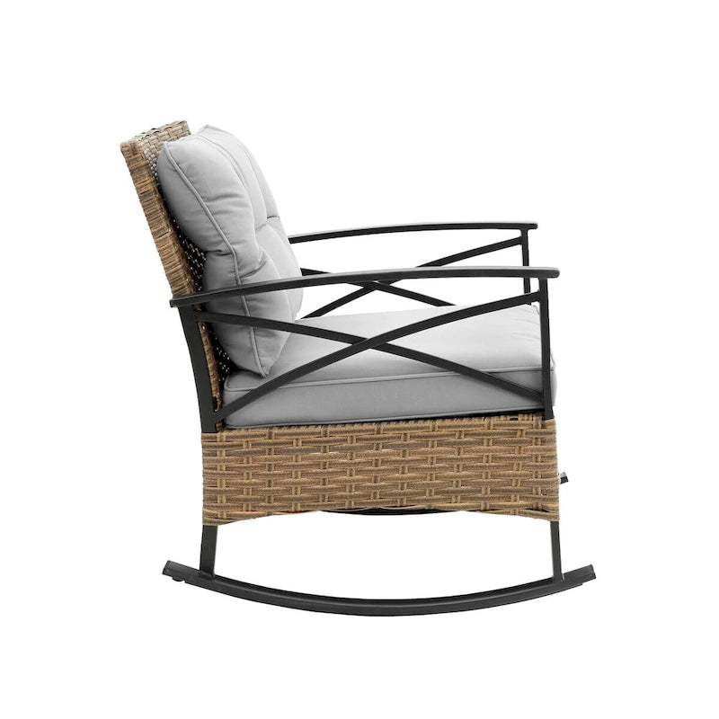 Ensemble de 3 chaises à bascule en rotin pour patio, extérieur, gris