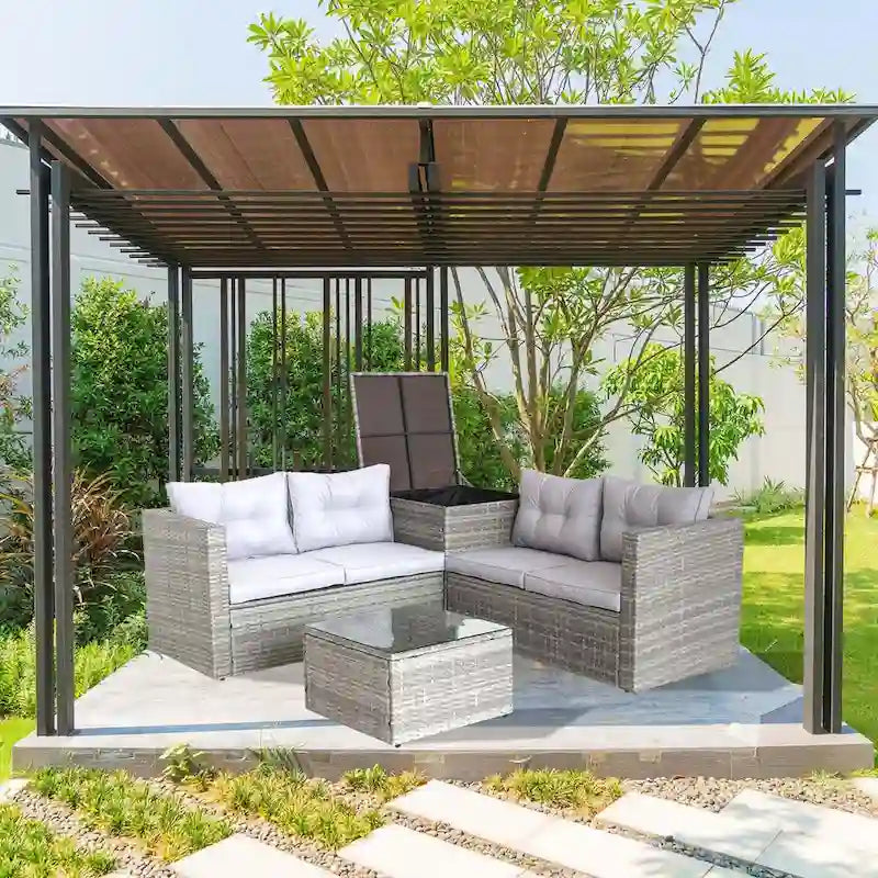 4-Piece Rattan Patio Conversation Set with Storage Box and White Cushions