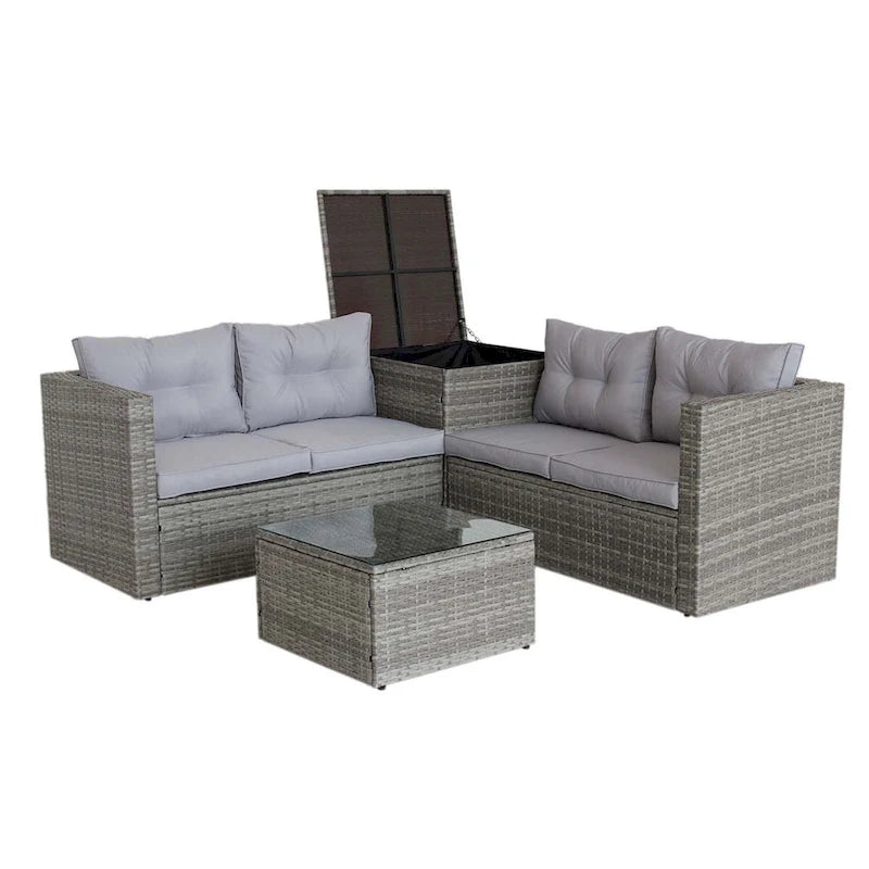 Ensemble de conversation d'extérieur 4 pièces en rotin avec coffre de rangement et coussins blancs