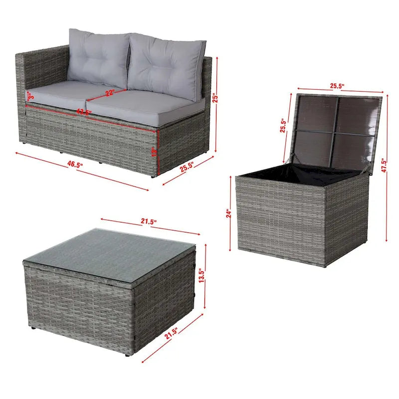 Ensemble de conversation d'extérieur 4 pièces en rotin avec coffre de rangement et coussins blancs
