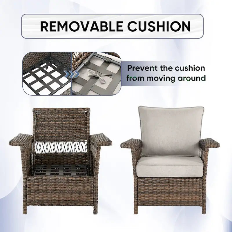 Chaises d'extérieur en rotin avec pouf et table basse - Marron