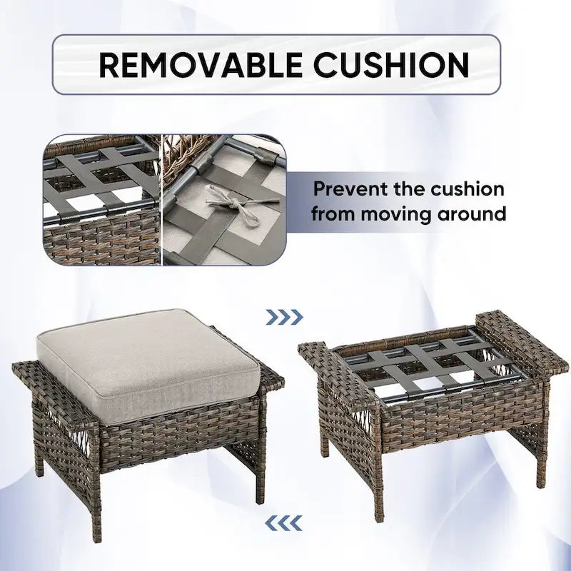 Chaises d'extérieur en rotin avec pouf et table basse - Marron