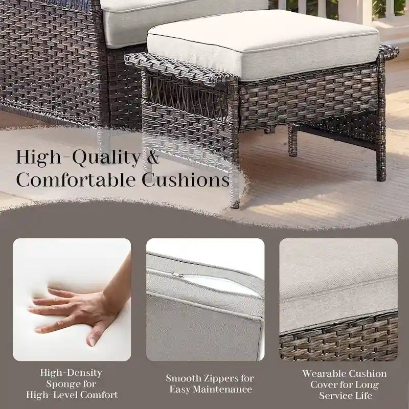 Chaises d'extérieur en rotin avec pouf et table basse - Marron