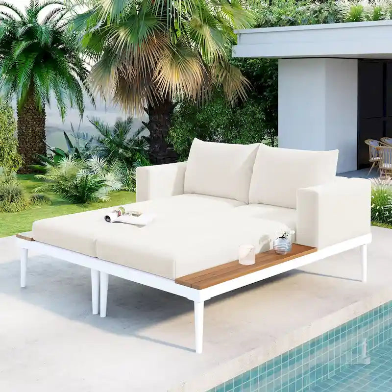 Modern Outdoor Daybed Patio Metal Daybed with Wood Topped Side Spaces for Drinks, 2 in 1 Padded Chaise Lounges