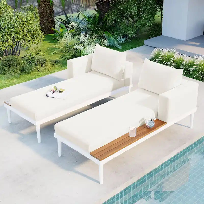 Bain de soleil d'extérieur moderne en métal avec tablettes latérales en bois pour boissons, chaise longue rembourrée 2 en 1