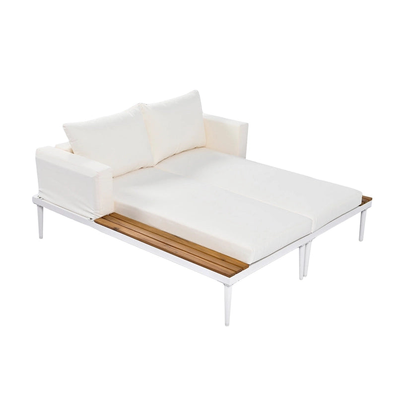 Bain de soleil d'extérieur moderne en métal avec tablettes latérales en bois pour boissons, chaise longue rembourrée 2 en 1