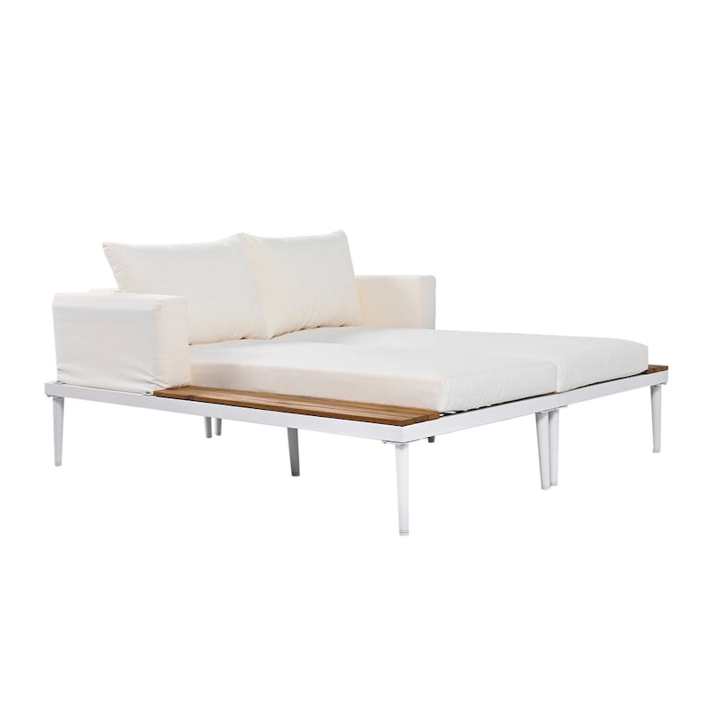 Bain de soleil d'extérieur moderne en métal avec tablettes latérales en bois pour boissons, chaise longue rembourrée 2 en 1