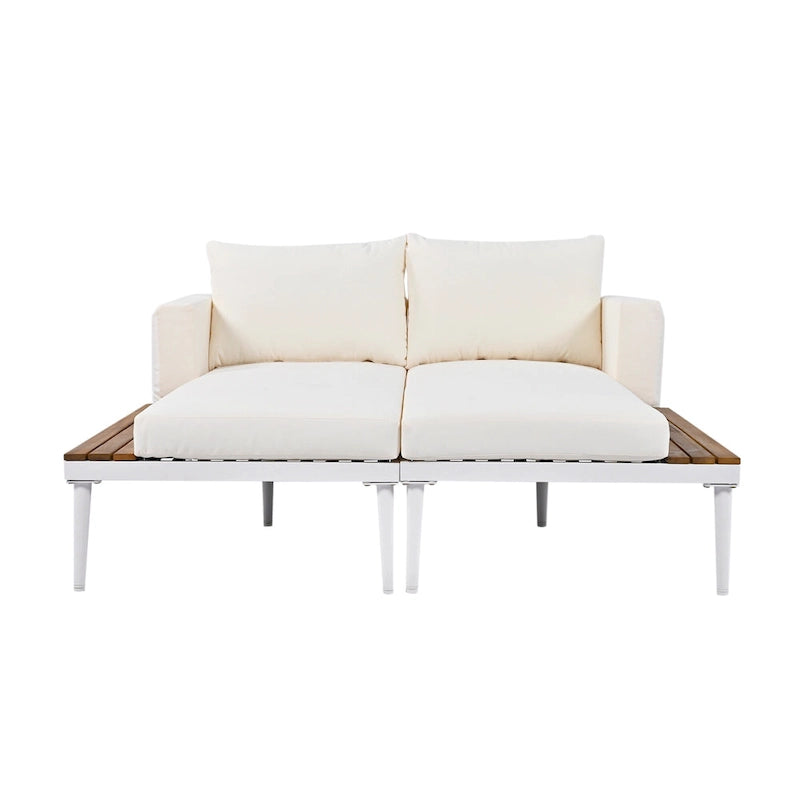 Bain de soleil d'extérieur moderne en métal avec tablettes latérales en bois pour boissons, chaise longue rembourrée 2 en 1