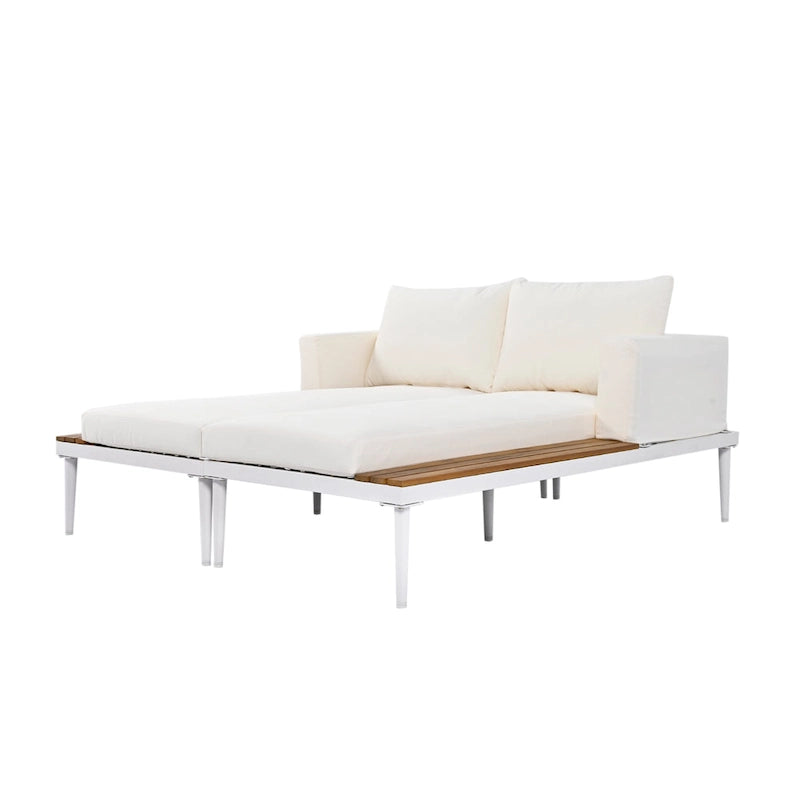 Bain de soleil d'extérieur moderne en métal avec tablettes latérales en bois pour boissons, chaise longue rembourrée 2 en 1