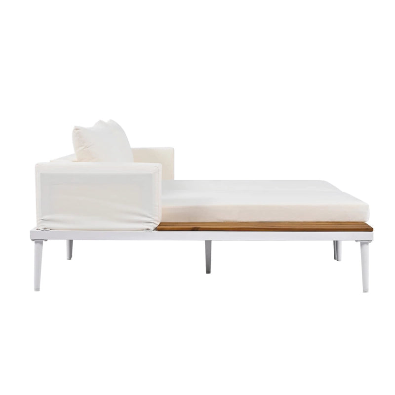 Bain de soleil d'extérieur moderne en métal avec tablettes latérales en bois pour boissons, chaise longue rembourrée 2 en 1