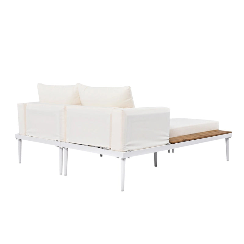 Bain de soleil d'extérieur moderne en métal avec tablettes latérales en bois pour boissons, chaise longue rembourrée 2 en 1