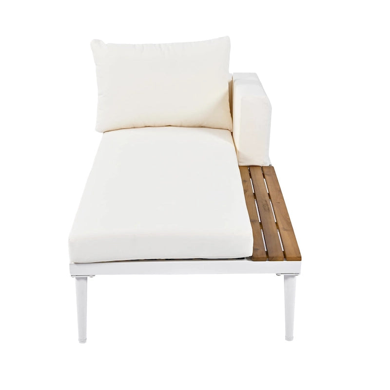 Bain de soleil d'extérieur moderne en métal avec tablettes latérales en bois pour boissons, chaise longue rembourrée 2 en 1