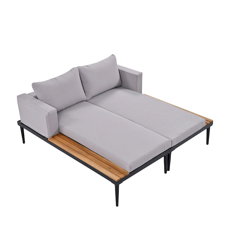 Bain de soleil d'extérieur moderne en métal avec tablettes latérales en bois pour boissons, chaise longue rembourrée 2 en 1