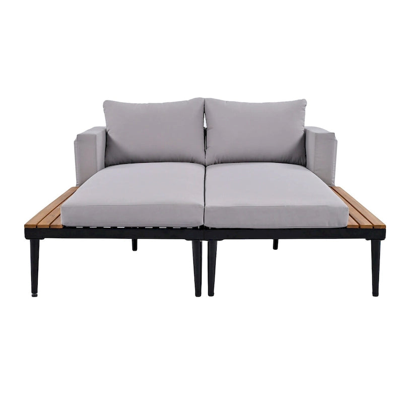 Bain de soleil d'extérieur moderne en métal avec tablettes latérales en bois pour boissons, chaise longue rembourrée 2 en 1
