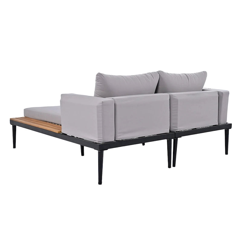 Bain de soleil d'extérieur moderne en métal avec tablettes latérales en bois pour boissons, chaise longue rembourrée 2 en 1