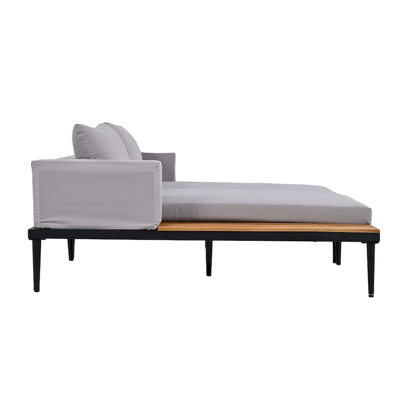 Bain de soleil d'extérieur moderne en métal avec tablettes latérales en bois pour boissons, chaise longue rembourrée 2 en 1