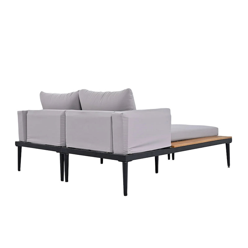 Bain de soleil d'extérieur moderne en métal avec tablettes latérales en bois pour boissons, chaise longue rembourrée 2 en 1