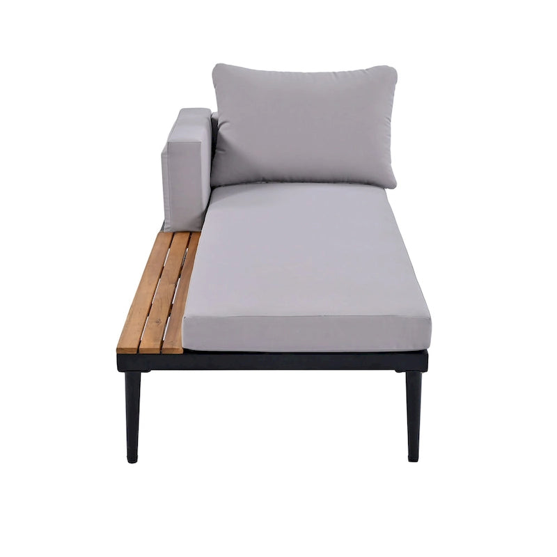 Bain de soleil d'extérieur moderne en métal avec tablettes latérales en bois pour boissons, chaise longue rembourrée 2 en 1