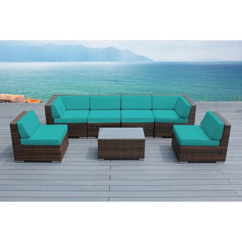 Ohana Patio Extérieur 7 pièces en osier marron mélangé avec coussins - Aucun assemblage requis