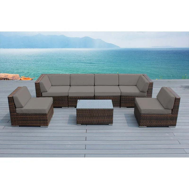 Ohana Patio Extérieur 7 pièces en osier marron mélangé avec coussins - Aucun assemblage requis