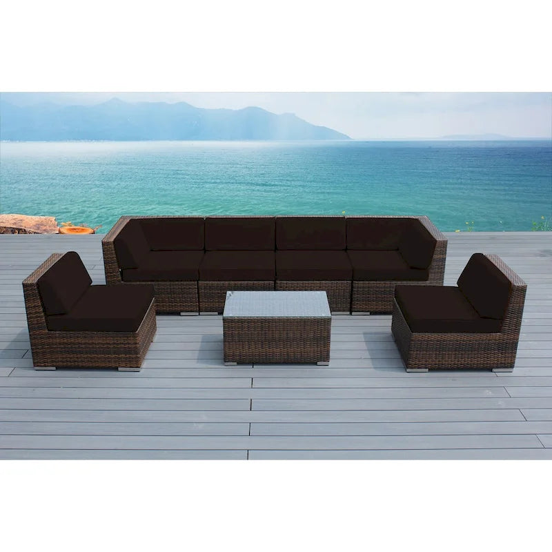 Ohana Patio Extérieur 7 pièces en osier marron mélangé avec coussins - Aucun assemblage requis