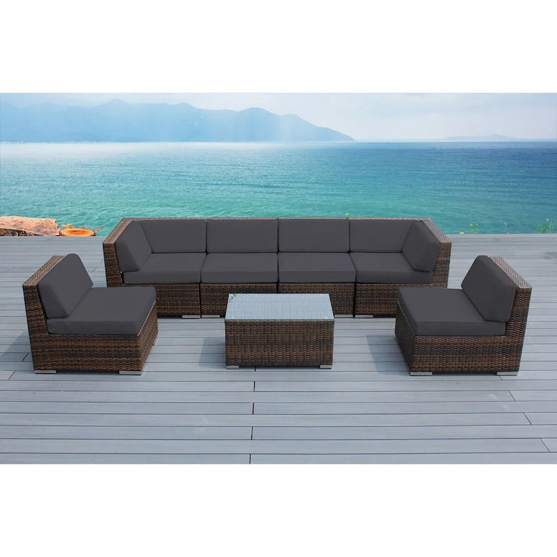 Ohana Patio Extérieur 7 pièces en osier marron mélangé avec coussins - Aucun assemblage requis