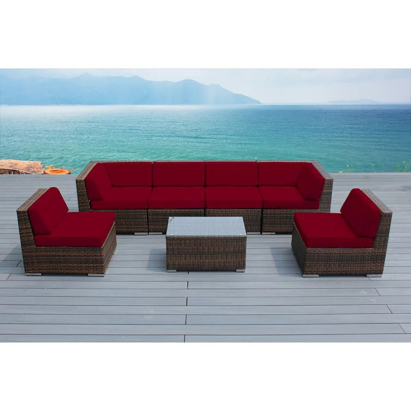 Ohana Patio Extérieur 7 pièces en osier marron mélangé avec coussins - Aucun assemblage requis