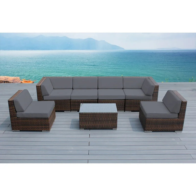 Ohana Patio Extérieur 7 pièces en osier marron mélangé avec coussins - Aucun assemblage requis