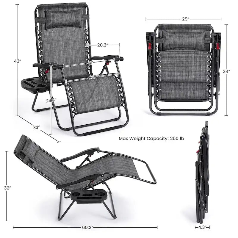 Yaheetech Lot de 2 transats/chaises longues pliables XL extra-larges zéro gravité de 74 cm