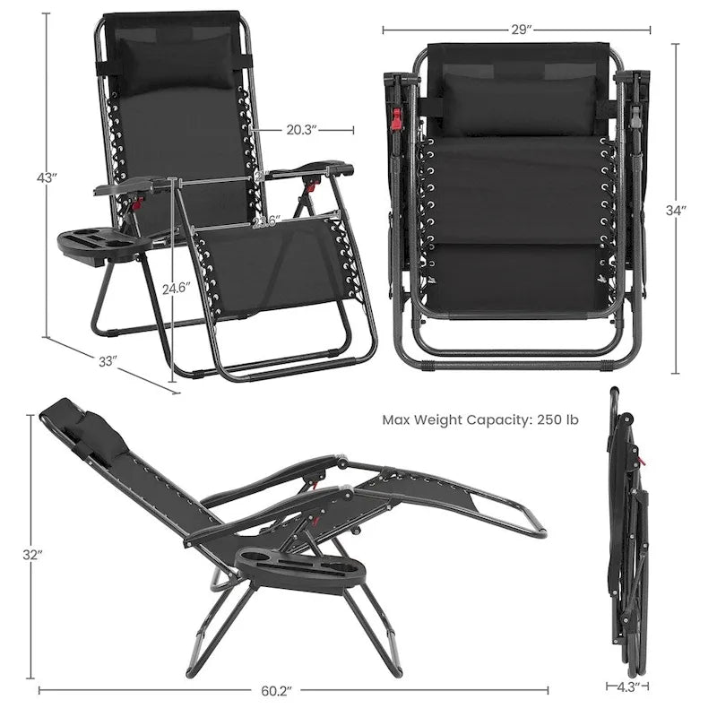 Yaheetech Lot de 2 transats/chaises longues pliables XL extra-larges zéro gravité de 74 cm