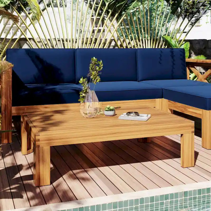 Ensemble de canapé d'angle d'extérieur en bois d'acacia naturel avec table solide
