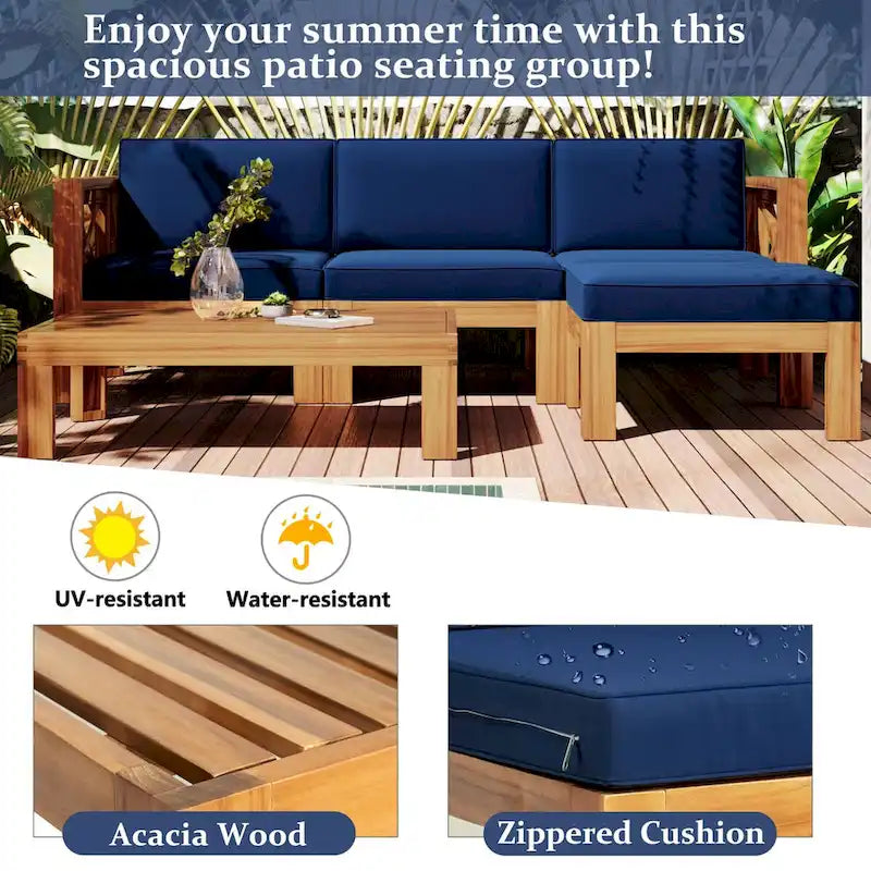Ensemble de canapé d'angle d'extérieur en bois d'acacia naturel avec table solide