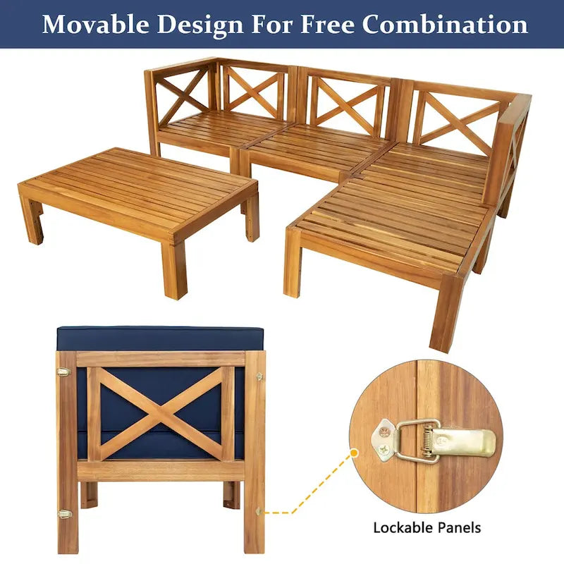 Ensemble de canapé d'angle d'extérieur en bois d'acacia naturel avec table solide