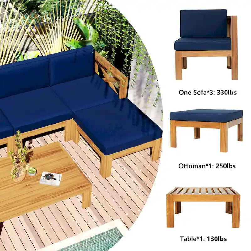 Ensemble de canapé d'angle d'extérieur en bois d'acacia naturel avec table solide