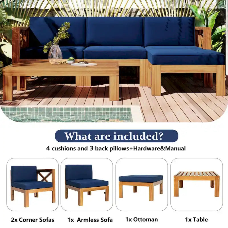 Ensemble de canapé d'angle d'extérieur en bois d'acacia naturel avec table solide
